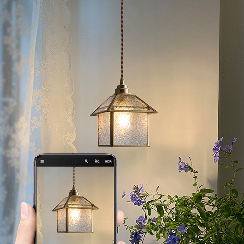Traditional Chinese House Shape Square Glass Copper 1-Light Pendant Light For Living Room