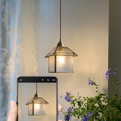 Traditional Chinese House Shape Square Glass Copper 1-Light Pendant Light For Living Room