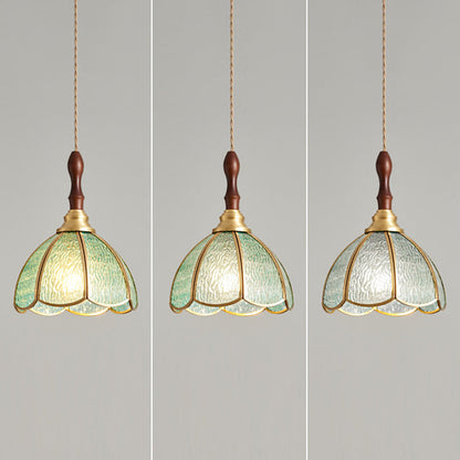 Contemporary Scandinavian Scalloped Round Leaf Glass Copper 1-Light Pendant Light For Living Room
