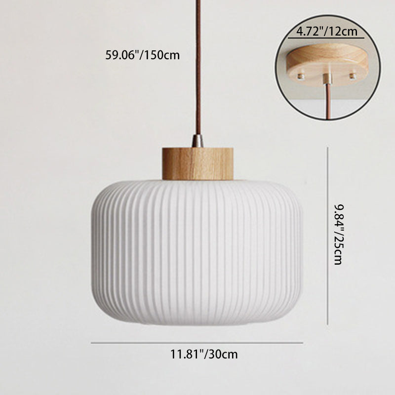 Traditional Japanese Cylinder Round Distressed Glass Wood 1-Light Pendant Light For Living Room