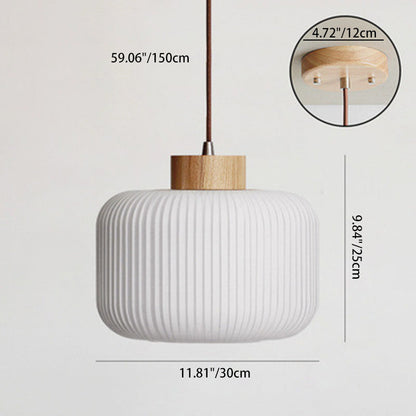 Traditional Japanese Cylinder Round Distressed Glass Wood 1-Light Pendant Light For Living Room
