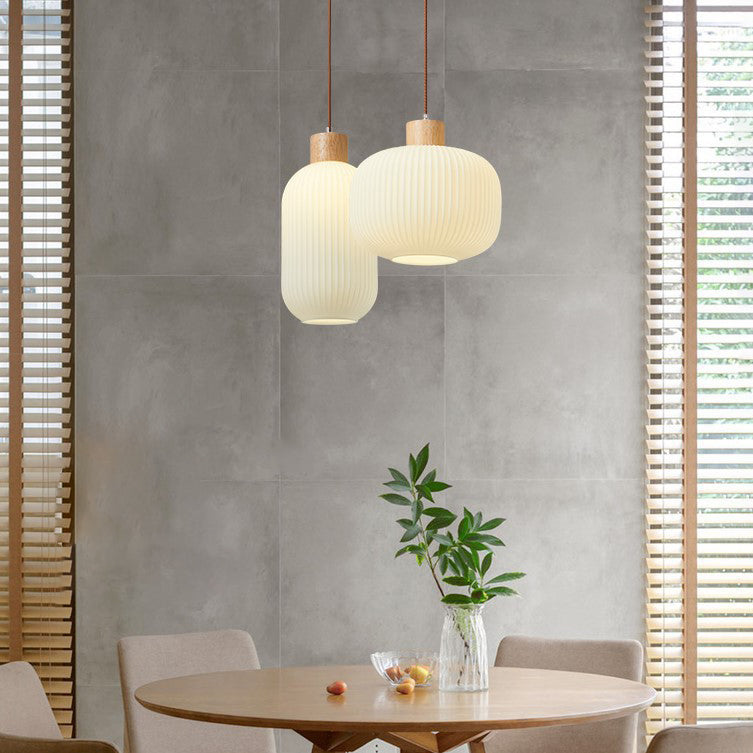 Traditional Japanese Cylinder Round Distressed Glass Wood 1-Light Pendant Light For Living Room