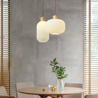 Traditional Japanese Cylinder Round Distressed Glass Wood 1-Light Pendant Light For Living Room