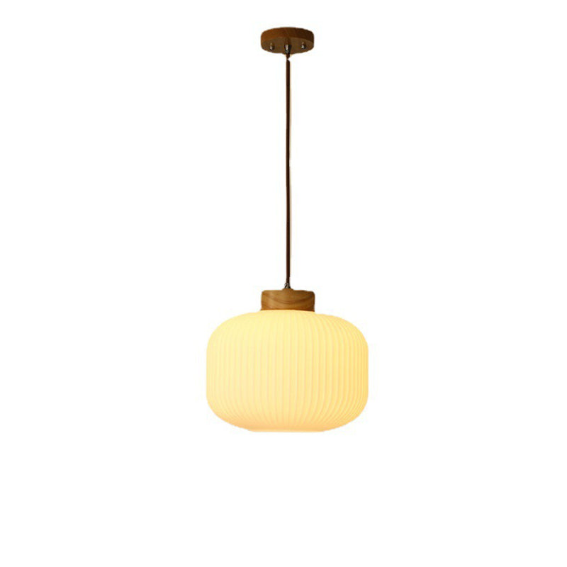 Traditional Japanese Cylinder Round Distressed Glass Wood 1-Light Pendant Light For Living Room