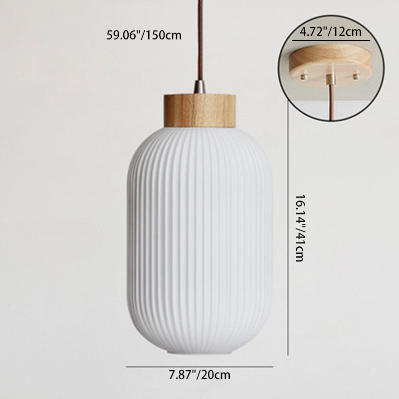 Traditional Japanese Cylinder Round Distressed Glass Wood 1-Light Pendant Light For Living Room