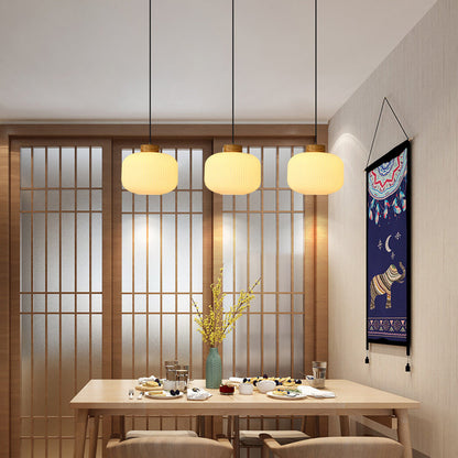 Traditional Japanese Cylinder Round Distressed Glass Wood 1-Light Pendant Light For Living Room