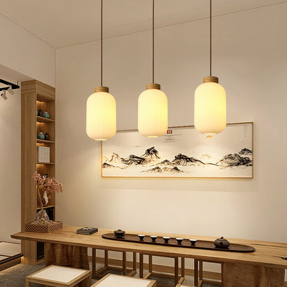Traditional Japanese Cylinder Round Distressed Glass Wood 1-Light Pendant Light For Living Room