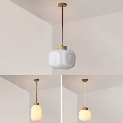 Traditional Japanese Cylinder Round Distressed Glass Wood 1-Light Pendant Light For Living Room