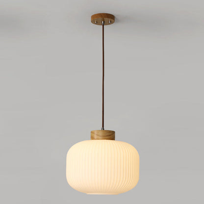 Traditional Japanese Cylinder Round Distressed Glass Wood 1-Light Pendant Light For Living Room