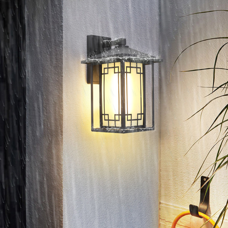 Traditional Japanese Box Window Rectangle Waterproof Glass Aluminum 1-Light Wall Sconce Lamp For Garden