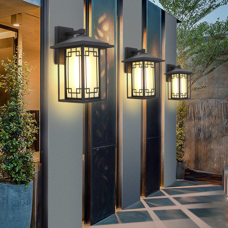 Traditional Japanese Box Window Rectangle Waterproof Glass Aluminum 1-Light Wall Sconce Lamp For Garden