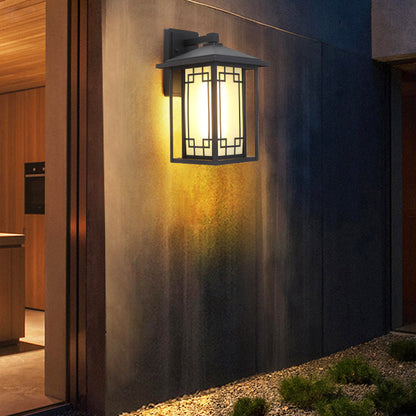 Traditional Japanese Box Window Rectangle Waterproof Glass Aluminum 1-Light Wall Sconce Lamp For Garden