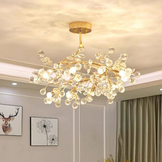 Traditional French Rose Branch Round Crystal Ceramic Iron 9-Lights Chandelier For Living Room