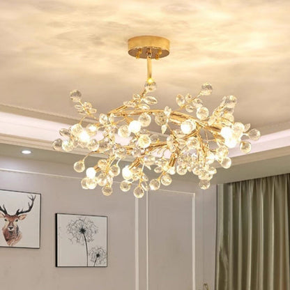 Traditional French Rose Branch Round Crystal Ceramic Iron 9-Lights Chandelier For Living Room