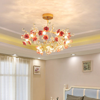 Traditional French Rose Branch Round Crystal Ceramic Iron 9-Lights Chandelier For Living Room
