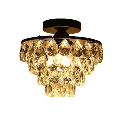 Contemporary Scandinavian Pendant Tapered Round Crystal Iron 1-Light Semi-Flush Mount Ceiling Light For Living Room