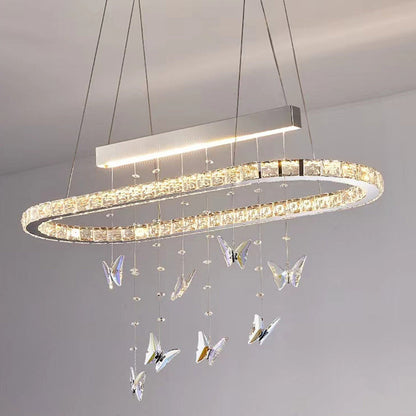 Modern Luxury Round Oval Long Butterfly Crystal Stainless Steel LED Island Light Chandelier For Dining Room