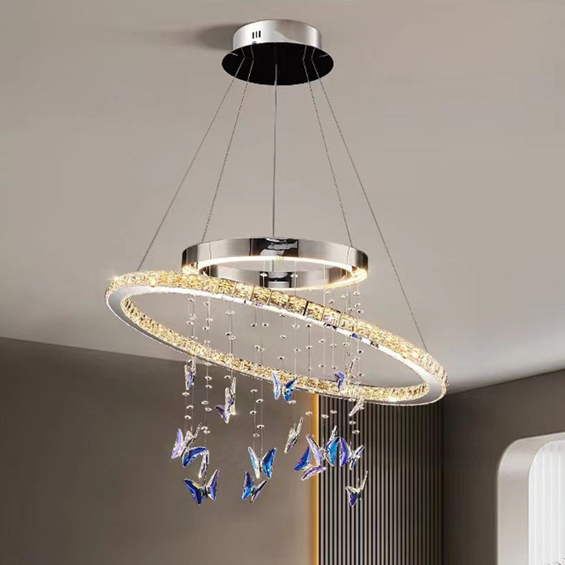 Modern Luxury Round Oval Long Butterfly Crystal Stainless Steel LED Island Light Chandelier For Dining Room