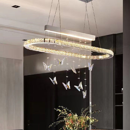Modern Luxury Round Oval Long Butterfly Crystal Stainless Steel LED Island Light Chandelier For Dining Room