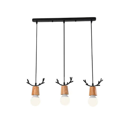 Contemporary Scandinavian Antler Cylinder Long Round Wood Metal 3-Light Chandelier For Living Room