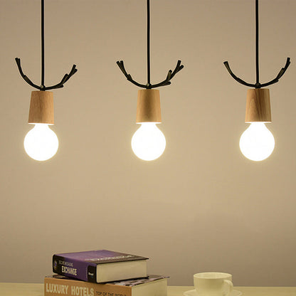 Contemporary Scandinavian Antler Cylinder Long Round Wood Metal 3-Light Chandelier For Living Room