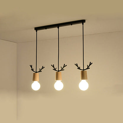Contemporary Scandinavian Antler Cylinder Long Round Wood Metal 3-Light Chandelier For Living Room