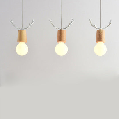 Contemporary Scandinavian Antler Cylinder Long Round Wood Metal 3-Light Chandelier For Living Room