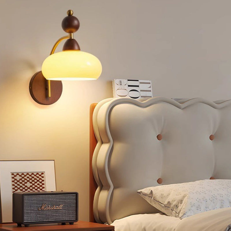 Traditional Vintage Round Ball Half Round Glass Ash Wood Hardware 1-Light Wall Sconce Lamp For Living Room
