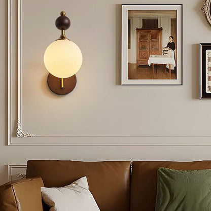 Traditional Vintage Round Ball Half Round Glass Ash Wood Hardware 1-Light Wall Sconce Lamp For Living Room