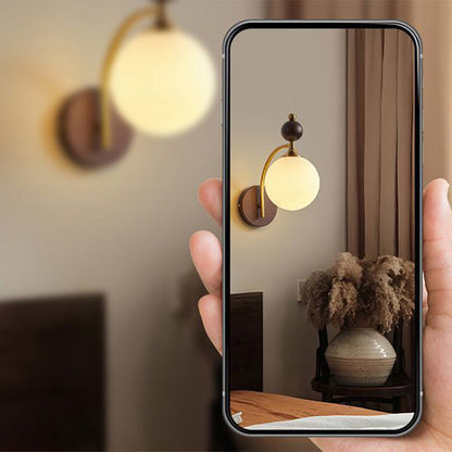 Traditional Vintage Round Ball Half Round Glass Ash Wood Hardware 1-Light Wall Sconce Lamp For Living Room