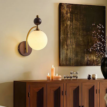 Traditional Vintage Round Ball Half Round Glass Ash Wood Hardware 1-Light Wall Sconce Lamp For Living Room