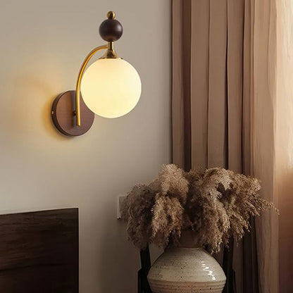 Traditional Vintage Round Ball Half Round Glass Ash Wood Hardware 1-Light Wall Sconce Lamp For Living Room