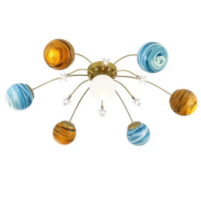 Contemporary Nordic Kids Iron Glass Ball Earth Planet 13-Light Semi-Flush Mount Ceiling Light For Bedroom