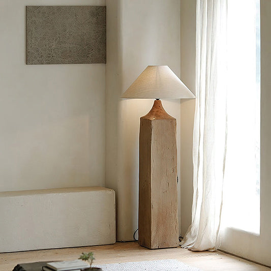 Contemporary Retro Wood Linen Cone Cylinder 1-Light Standing Floor Lamp For Living Room