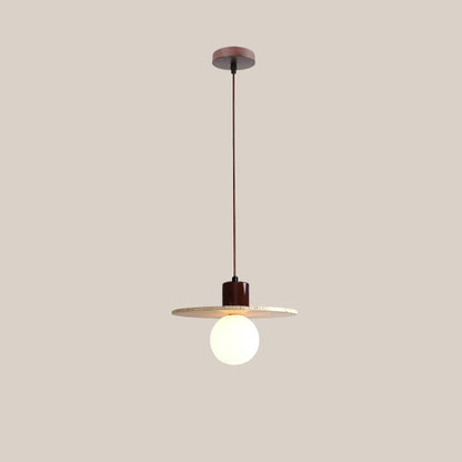 Traditional Japanese Travertine Wood Cylinder Round Bowl Ball 1-Light Pendant Light For Bedside