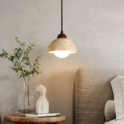 Traditional Japanese Travertine Wood Cylinder Round Bowl Ball 1-Light Pendant Light For Bedside