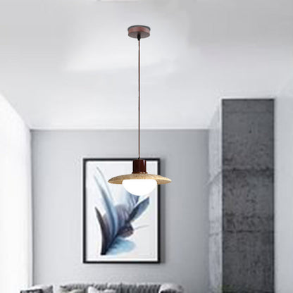 Traditional Japanese Travertine Wood Cylinder Round Bowl Ball 1-Light Pendant Light For Bedside