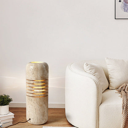 Traditional Japanese Travertine Handmade Cylinder Skeleton Stripe 1-Light Standing Floor Lamp For Living Room