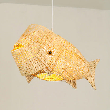 Traditional Japanese Weaving Bamboo Carp Fish Elliptical 1-Light Pendant Light For Dining Room
