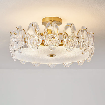 Traditional French Metal Glass Round Rose Frosted 6/8 Light Semi-Flush Mount Ceiling Light For Bedroom
