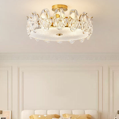Traditional French Metal Glass Round Rose Frosted 6/8 Light Semi-Flush Mount Ceiling Light For Bedroom