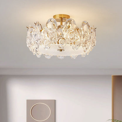 Traditional French Metal Glass Round Rose Frosted 6/8 Light Semi-Flush Mount Ceiling Light For Bedroom