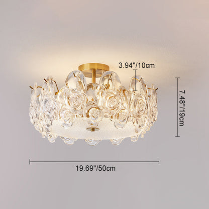 Traditional French Metal Glass Round Rose Frosted 6/8 Light Semi-Flush Mount Ceiling Light For Bedroom