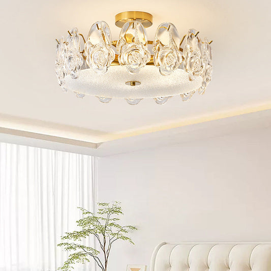 Traditional French Metal Glass Round Rose Frosted 6/8 Light Semi-Flush Mount Ceiling Light For Bedroom