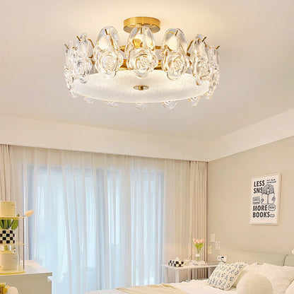 Traditional French Metal Glass Round Rose Frosted 6/8 Light Semi-Flush Mount Ceiling Light For Bedroom