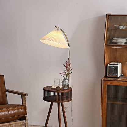 Traditional Japanese Fabric Wood Conic Pleated Round Shelf 1-Light Standing Floor Lamp For Living Room