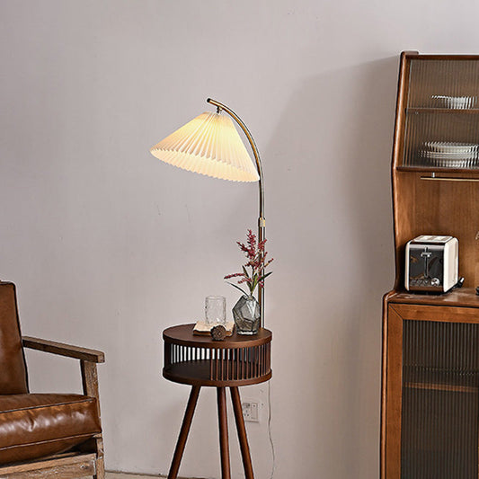Traditional Japanese Fabric Wood Conic Pleated Round Shelf 1-Light Standing Floor Lamp For Living Room