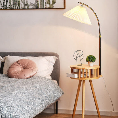 Traditional Japanese Fabric Wood Conic Pleated Round Shelf 1-Light Standing Floor Lamp For Living Room