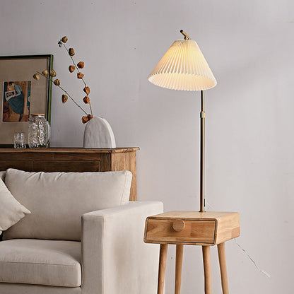 Traditional Japanese Fabric Wood Conic Pleated Round Shelf 1-Light Standing Floor Lamp For Living Room