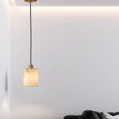 Traditional Chinese Marble Brass Cylinder Multi Layers 1-Light Pendant Light For Bedside